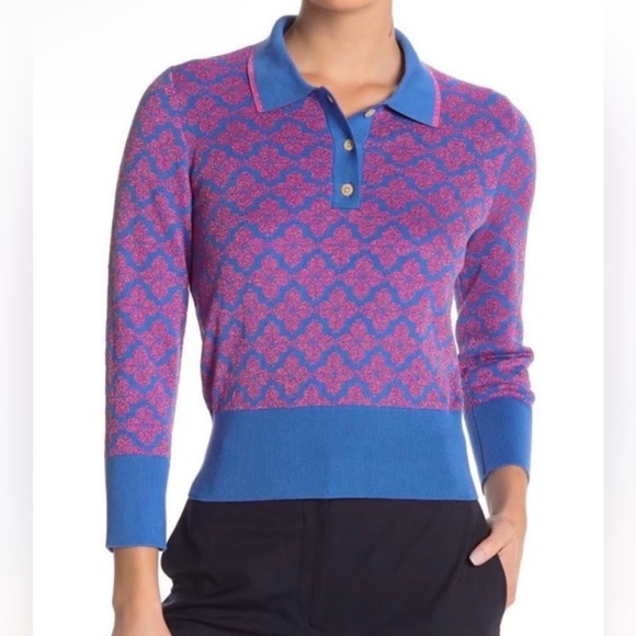 kate spade Sweaters - Kate Spade Women’s Flower Polo Sweater size Medium Pink & Blue✨